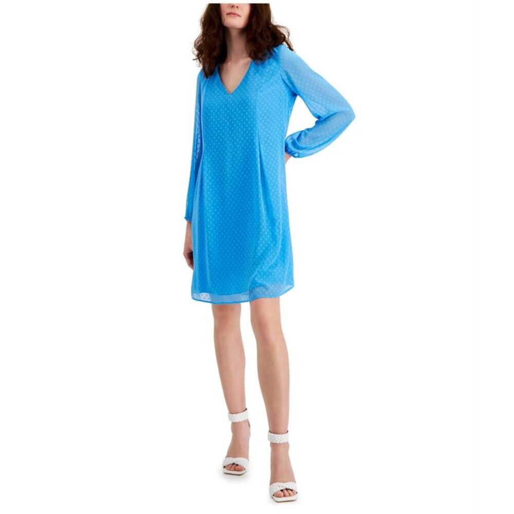 I.N.C Womens Chiffon Clip Dot Shift Dress, Blue, S, DM